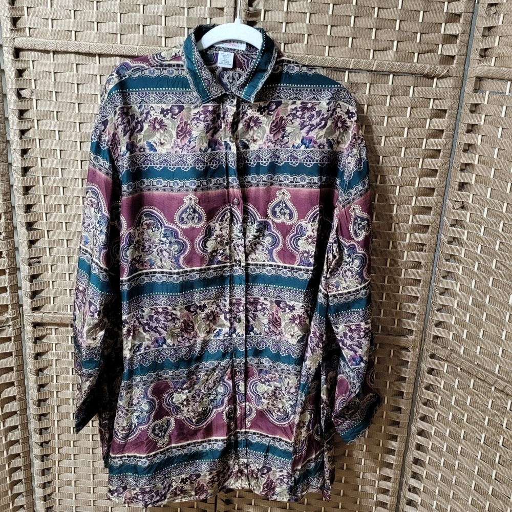Vintage Express 100% Silk Button Down Shirt Paisley Print Long Sleeve Top Size L
